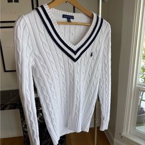 Ralph Lauren Cable Knit V Neck Sweater White Navy Trim Preppy Cotton Size Medium